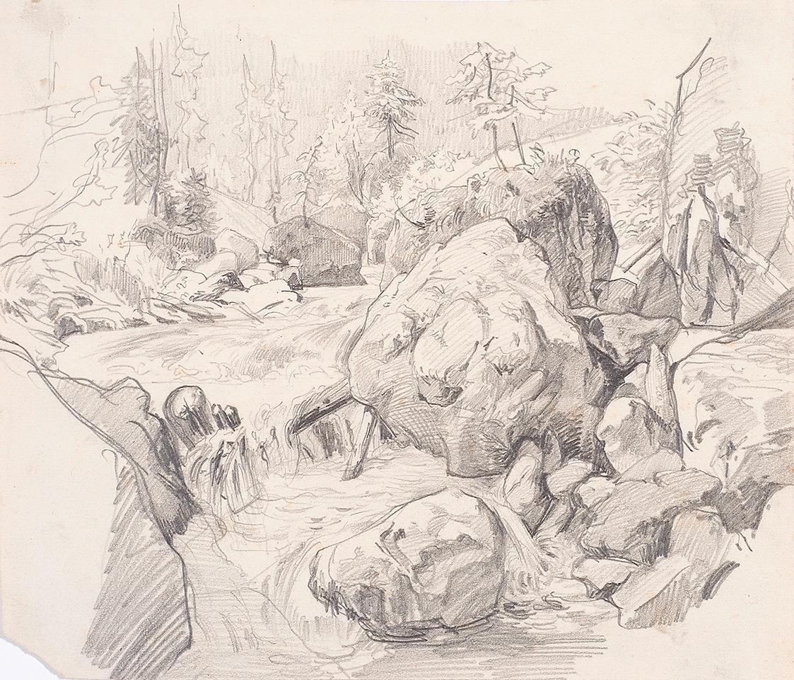 Theodor Alphons, Wildbach zwischen Felsgestein, um 1880/1890, Bleistift auf Papier, 17,4 × 20,2…