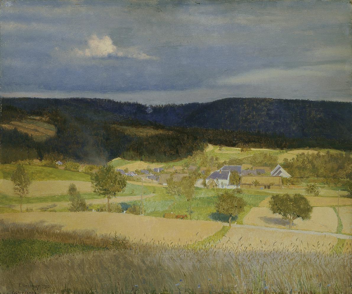 Emanuel Baschny, Dorf in der Sonne, 1910, Öl auf Holz, 48 x 57 cm, Belvedere, Wien, Inv.-Nr. 12…