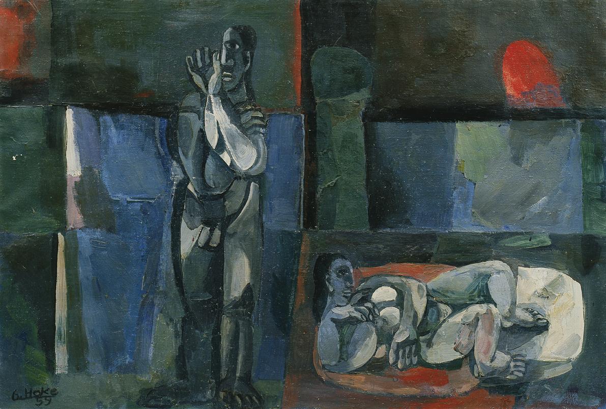 Giselbert Hoke, Stehender männlicher und liegender weiblicher Akt, 1959, Öl auf Leinwand, 101 x…