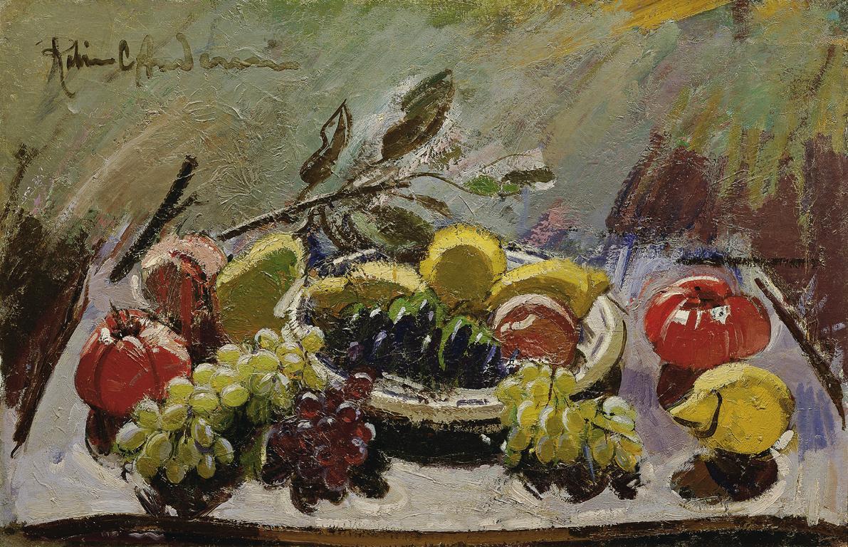 Robin Christian Andersen, Stillleben mit Trauben, Zitronen und Tomaten, vor 1932, Öl auf Leinwa…