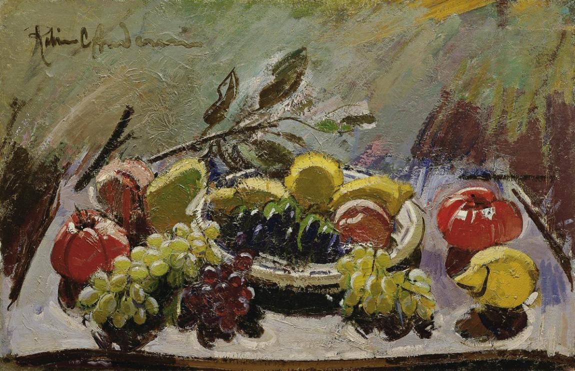 Robin Christian Andersen, Stillleben mit Trauben, Zitronen und Tomaten, vor 1932, Öl auf Leinwa…