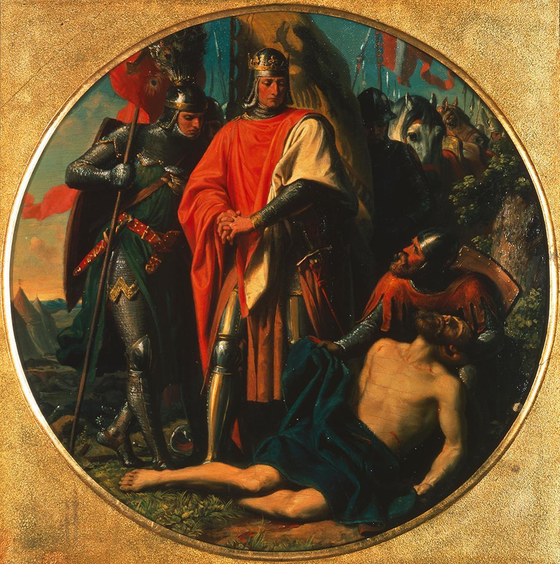 Karl von Blaas, Rudolf I. von Habsburg an der Leiche Ottokars bei Dürnkrut 1278, um 1868, Öl au ...