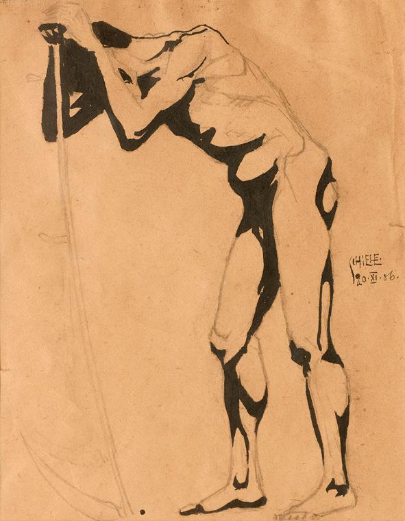 Egon Schiele, Stehender Männerakt, auf eine Sense gestützt, 1906, Bleistift und Tinte auf Papie ...