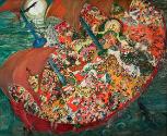 The image depicts a large, intricately detailed ship navigating through turbulent waters. The ship features colorful sails and is surrounded by many figures. There are numerous people and creatures represented both on the ship and in the water, engaged in various activities and poses. The scene appears lively and chaotic, with many different vignettes coexisting alongside each other, including festivities and conflicts. In the background, a large moon is visible.

[AI-generated with ChatGPT]