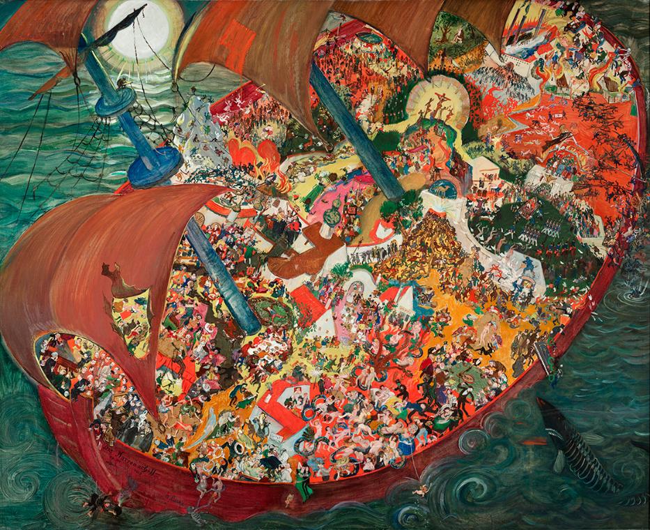 Oskar Laske, Das Narrenschiff, 1923, Tempera und Blattgold auf Leinwand, 195 × 240 cm, Belveder…