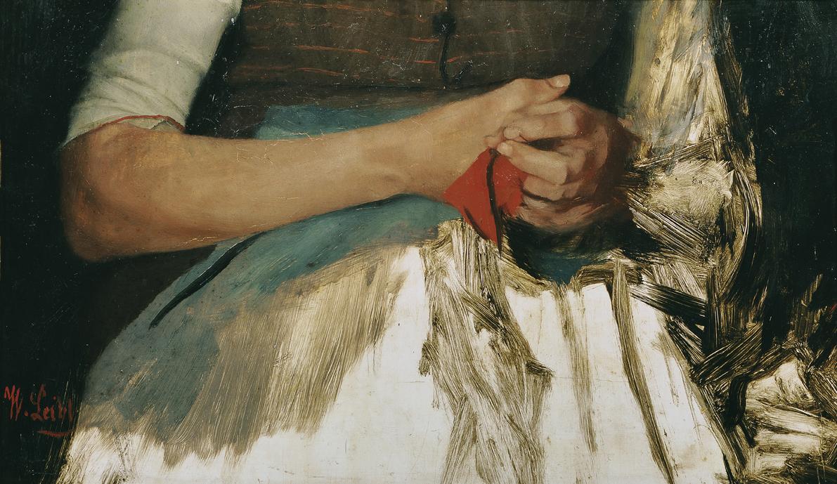 Wilhelm Leibl, Zwei Hände mit rotem Tuch auf blauer Schürze, um 1890, Öl auf Holz, 23 x 39 cm, …