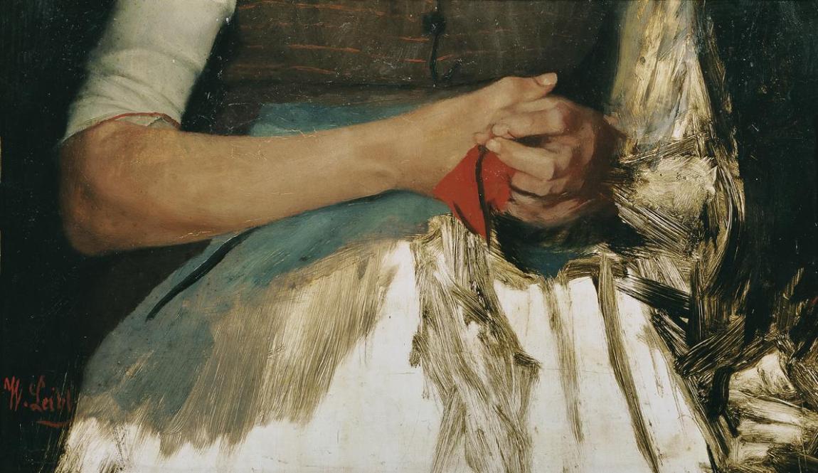 Wilhelm Leibl, Zwei Hände mit rotem Tuch auf blauer Schürze, um 1890, Öl auf Holz, 23 x 39 cm, …