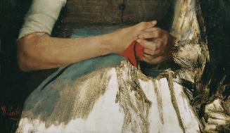 Wilhelm Leibl, Zwei Hände mit rotem Tuch auf blauer Schürze, um 1890, Öl auf Holz, 23 x 39 cm, …