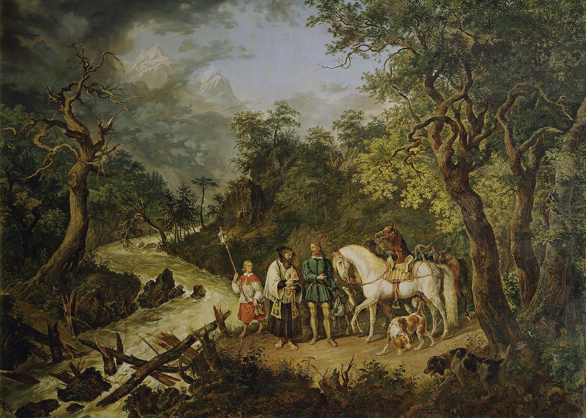Johann Nepomuk Höchle, Rudolf von Habsburg und der Priester, undatiert, Öl auf Leinwand, 230 × …