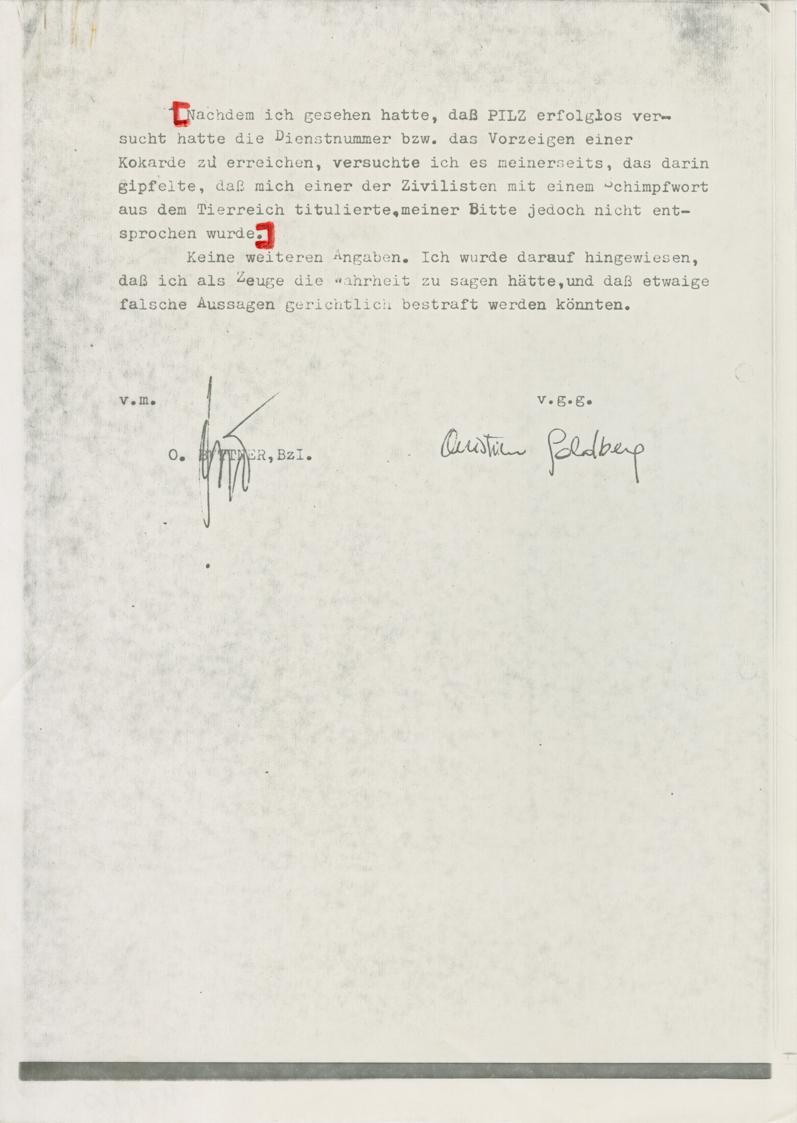 Margot Pilz, Ausschnitte der Polizeiprotokolle, 1978, Roter Filzstift auf Kohlepapier, 29,5 × 2 ...