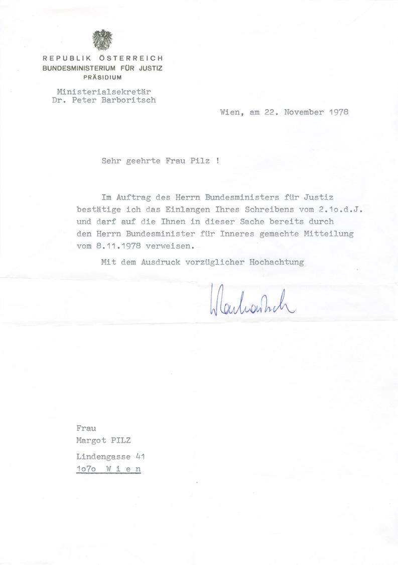 Margot Pilz, Brief Bundesministerium für Justiz – Ministerialsekretär Dr. Peter Barboritsch, 19…