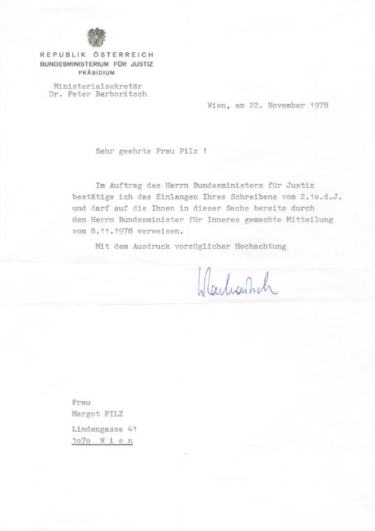 Margot Pilz, Brief Bundesministerium für Justiz – Ministerialsekretär Dr. Peter Barboritsch, 19…