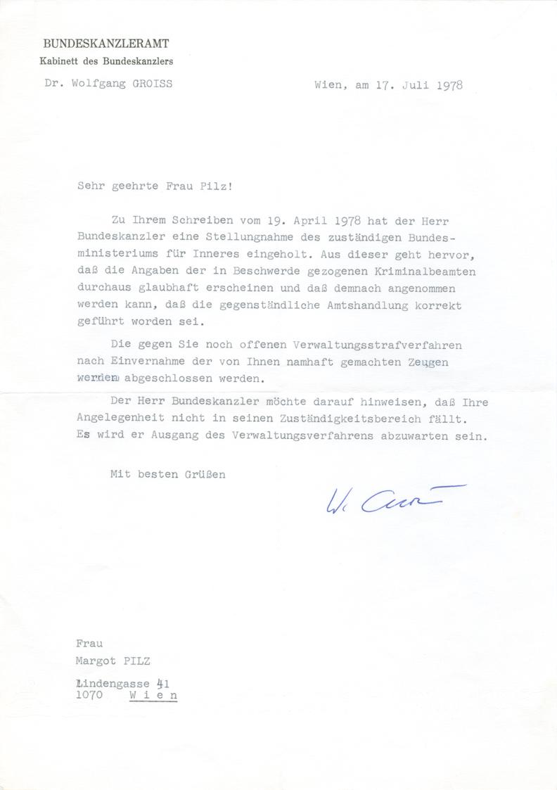 Margot Pilz, Brief Bundeskanzleramt – Dr. Wolfgang Groiss, 1978, Schreibmaschine und Kugelschre…