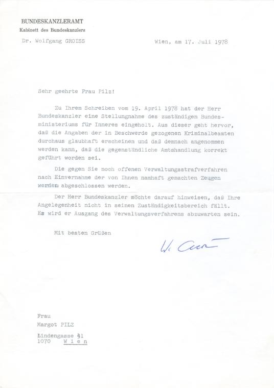 Margot Pilz, Brief Bundeskanzleramt – Dr. Wolfgang Groiss, 1978, Schreibmaschine und Kugelschre…