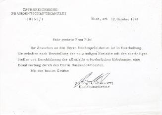Margot Pilz, Brief Österreichische Präsidentschaftskanzlei, 1978, Xerokopie / Xerografie und Ku…