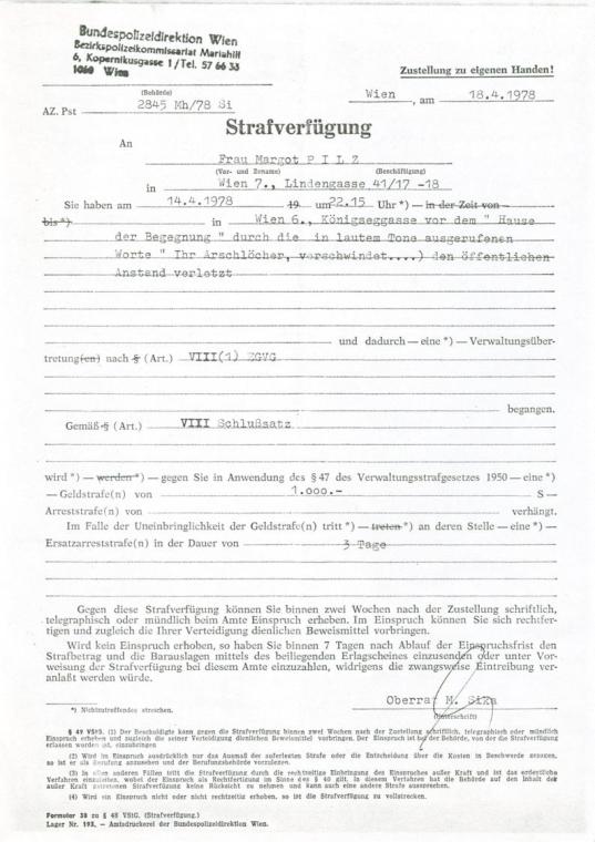 Margot Pilz, Strafverfügung, Polizeidirektion Wien, Bezirkskommissariat, 1978, Kohlepapier, 29, ...