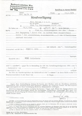 Margot Pilz, Strafverfügung, Polizeidirektion Wien, Bezirkskommissariat, 1978, Kohlepapier, 29,…