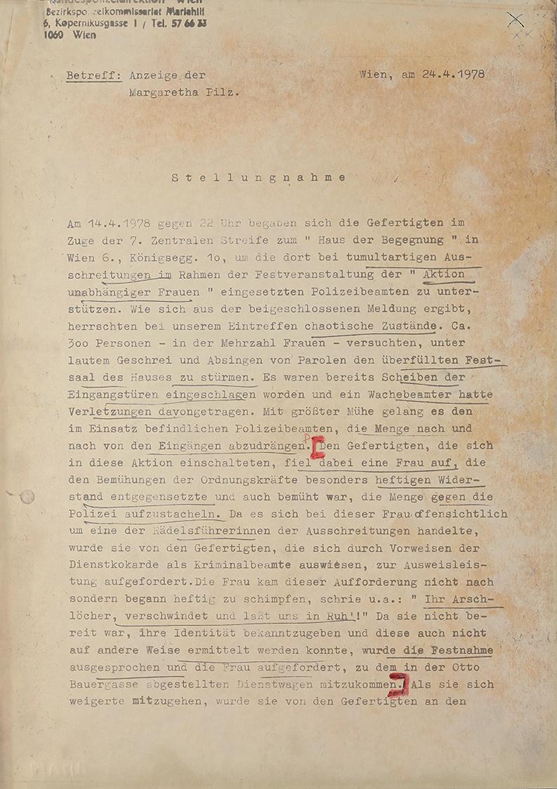 Margot Pilz, Fünfseitiges Protokoll, Polizeidirektion Wien, 1978, Schreibmaschine, Buntstift un…
