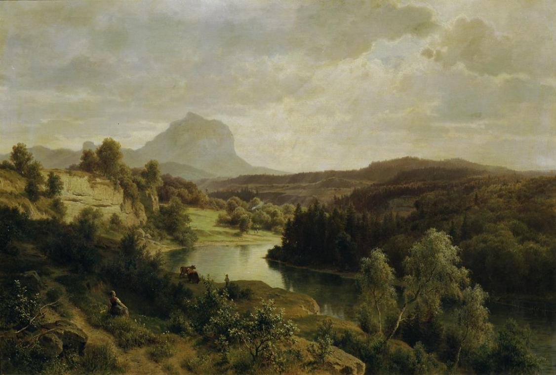 Ludwig Halauska, Die Traun und der Traunstein, 1875, Öl auf Leinwand, 98 x 142,5 cm, Belvedere,…