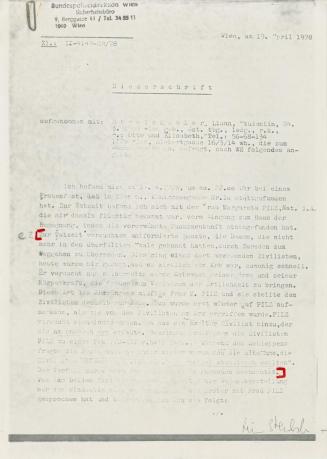 Margot Pilz, Ausschnitte der Polizeiprotokolle, 1978, Roter Filzstift auf Kohlepapier, 29,5 × 2…