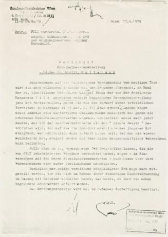 Margot Pilz, Ausschnitte der Polizeiprotokolle, 1978, Kohlepapier, 29,7 × 21 cm, Belvedere, Wie ...