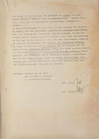 Margot Pilz, Ausschnitte der Polizeiprotokolle, 1978, Kohlepapier mit Markierungen, 29,5 × 21 c…