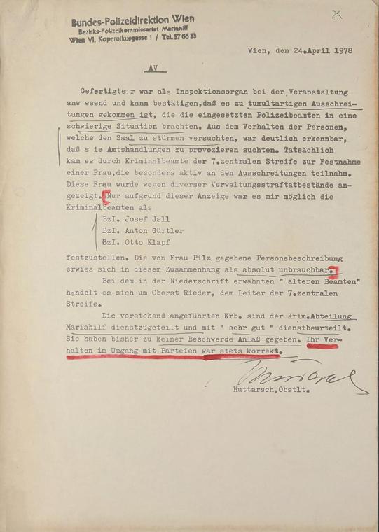 Margot Pilz, Ausschnitte der Polizeiprotokolle, 1978, Roter Filzsstift auf Kohlepapier, 29,5 ×  ...