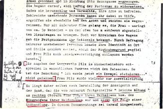 Margot Pilz, Ausschnitte der Polizeiprotokolle, 1978, Roter und schwarzer Filzstift auf Kodak F…