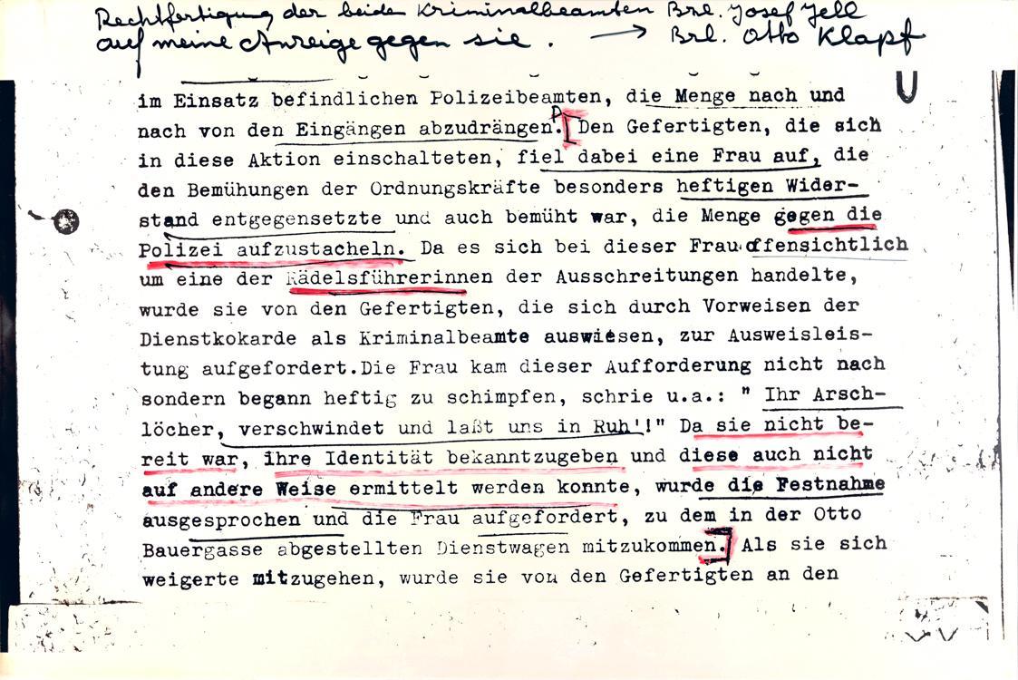 Margot Pilz, Ausschnitte der Polizeiprotokolle, 1978, Roter und schwarzer Filzstift auf Kodak F…