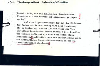 Margot Pilz, Ausschnitte der Polizeiprotokolle, 1978, Roter und schwarzer Filzstift auf Kodak F…