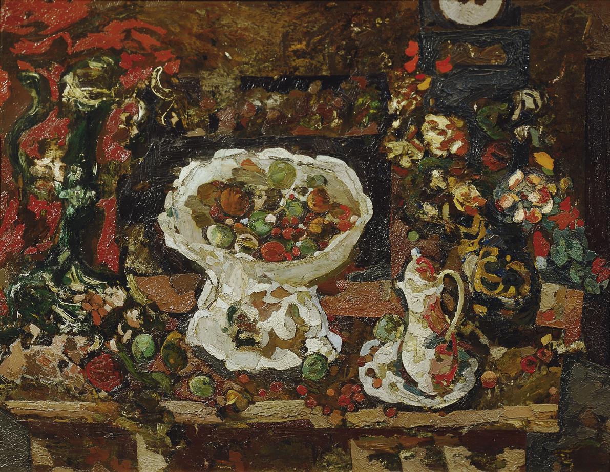 Gustav Hessing, Stillleben mit Früchten, weißer Schale und Kanne, 1938/1945, Öl auf Leinwand, 9…