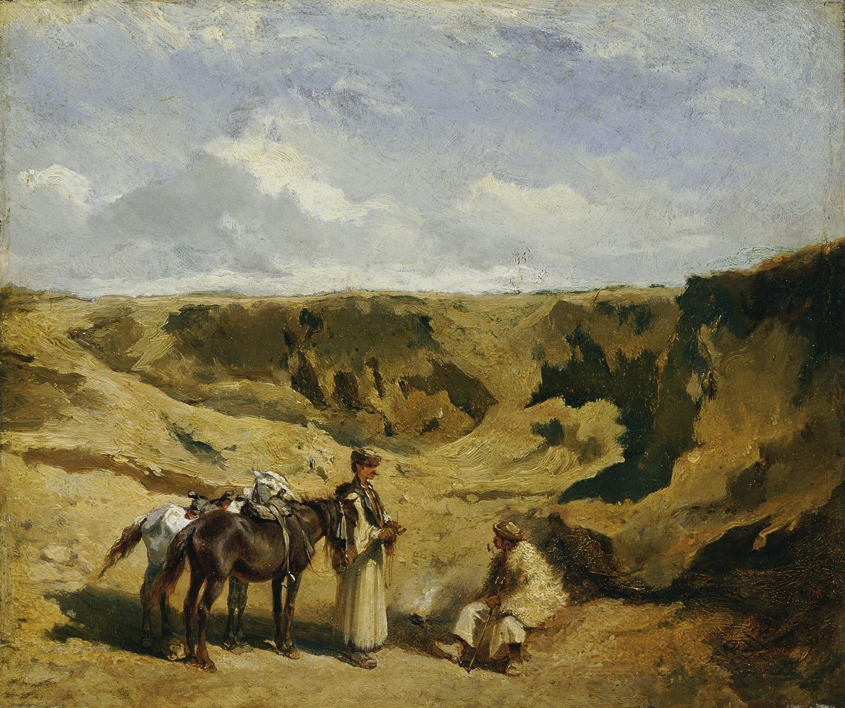 Johann Gualbert Raffalt, Zwei Ungarn mit zwei Pferden in der Puszta, um 1863, Öl auf Holz, 24,5…