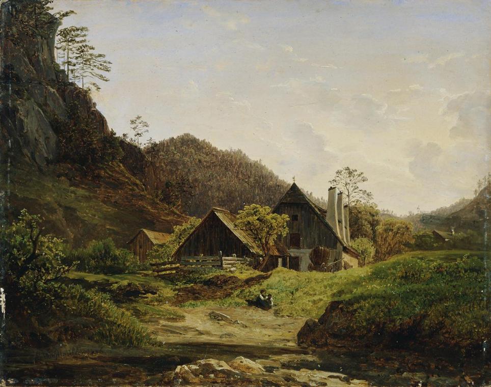 Ferdinand Waldmüller, Landschaft mit Hammerschmiede, 1836, Öl auf Holz, 30,5 x 37,5 cm, Belvede…