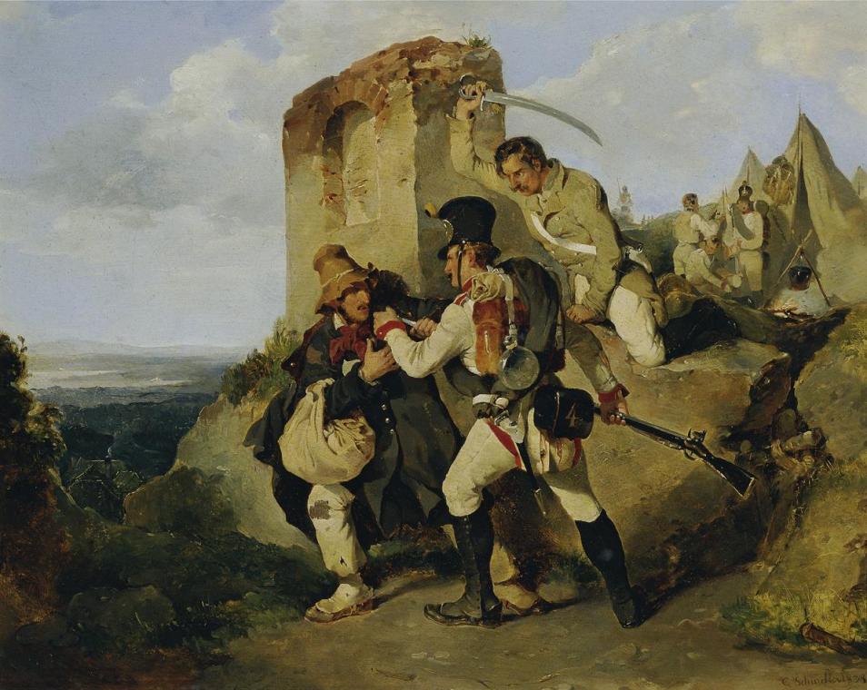 Carl Schindler, Die Gefangennahme des Spions,1838, Öl auf Karton, 33 x 42 cm, Belvedere, Wien, …