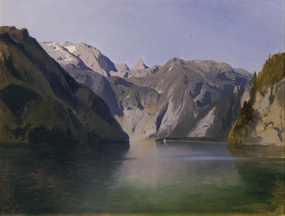 August Schaeffer von Wienwald, Blick über den Königssee, 1861, Öl auf Karton, 39,5 x 50 cm, Bel…