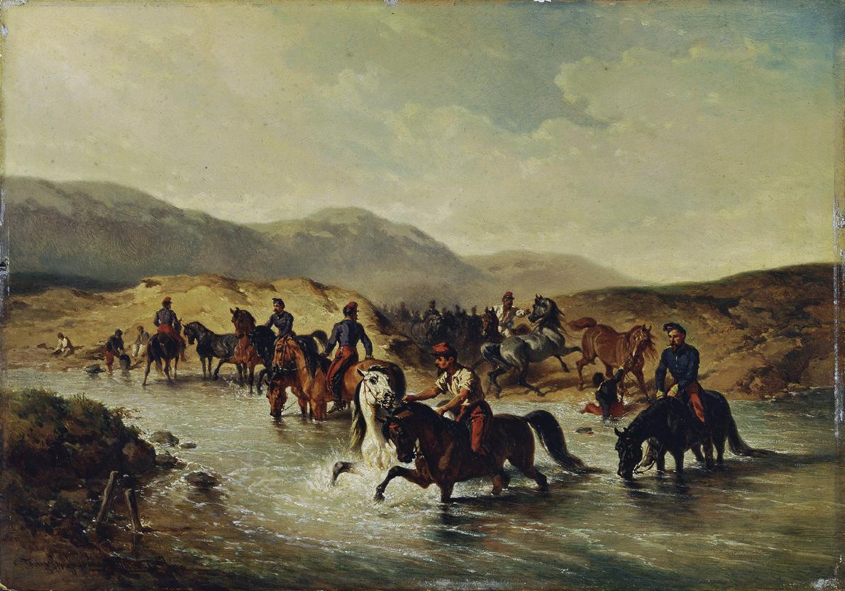 Joseph Anton Strassgschwandtner, Französische Kavallerie in der Pferdeschwemme, 1867, Öl auf Ho…