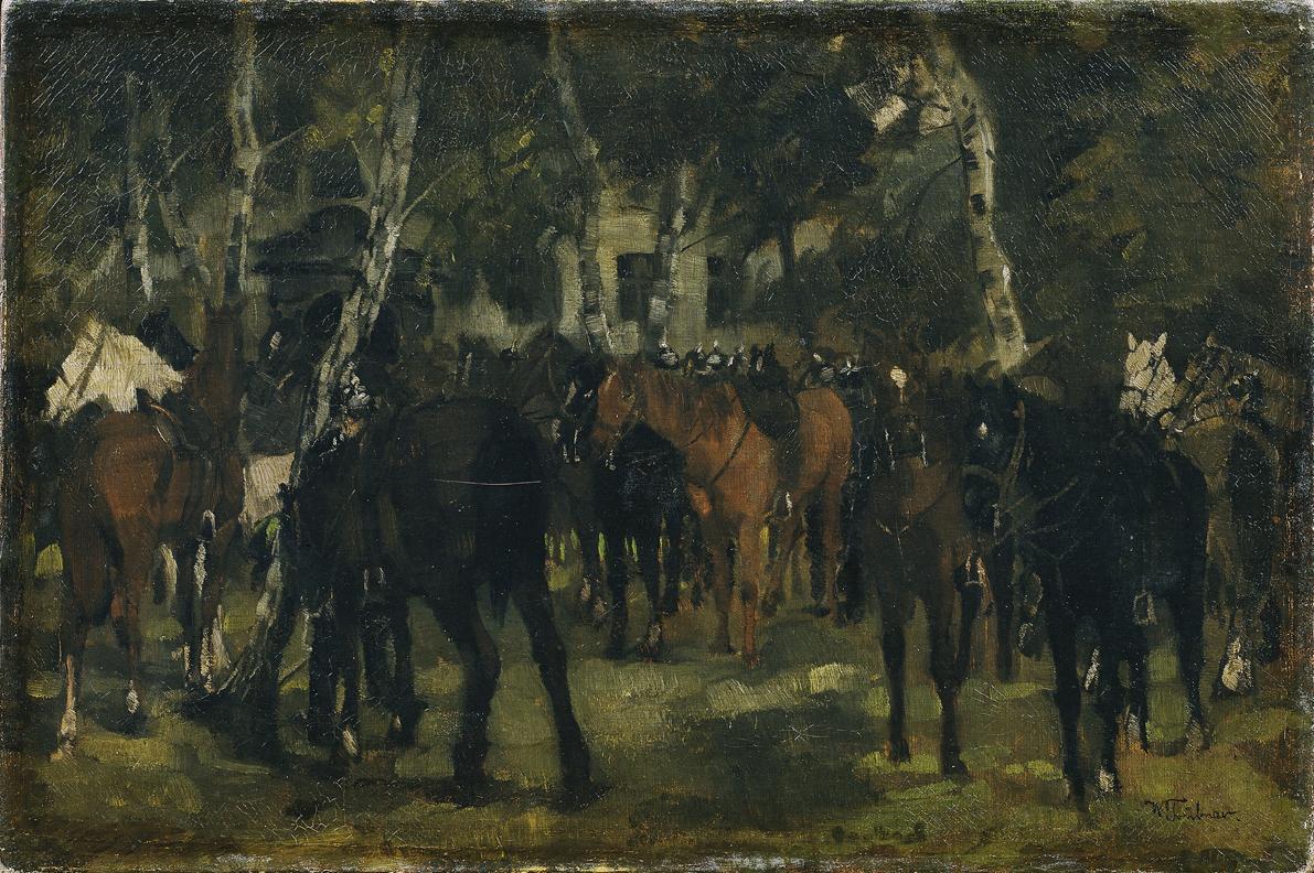 Wilhelm Trübner, Abgesessene Kürassiere, um 1875, Öl auf Leinwand, 36 x 55 cm, Belvedere, Wien, ...