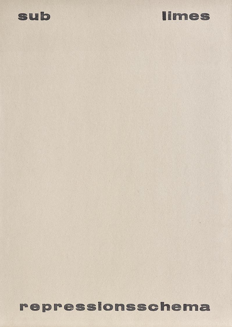 Pidder Auberger, sublimes repressionsschema, 1970, Siebdruck und Handstempel, Offset, Ovokarton…