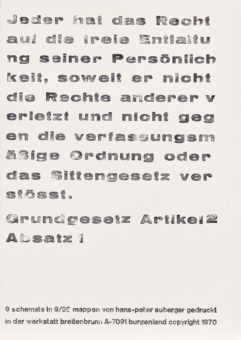 Hans Peter Auberger, sublimes repräsentationsschema (Textblatt), 1970, Siebdruck und Handstempe ...