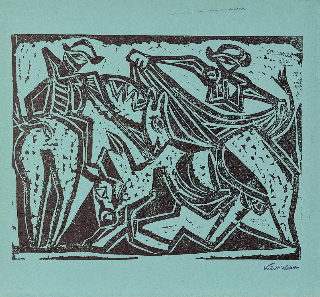 Kurt Weber, Suerte de Matar, undatiert, Linolschnitt, Blattmaße: 47 × 50,4 cm, Schenkung Fria E…