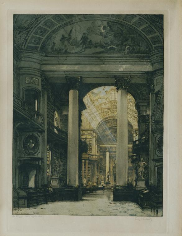 Kasimir Luigi, Die Hofbibliothek, 1909, Vierfarbige Radierung, 53 × 40 cm, Belvedere, Wien, Inv…
