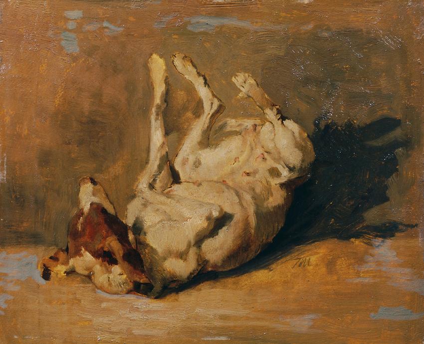Johann Till d. J., Sich wälzender Hund, Öl auf Karton, 28,5 x 34,5 cm, Belvedere, Wien, Inv.-Nr…