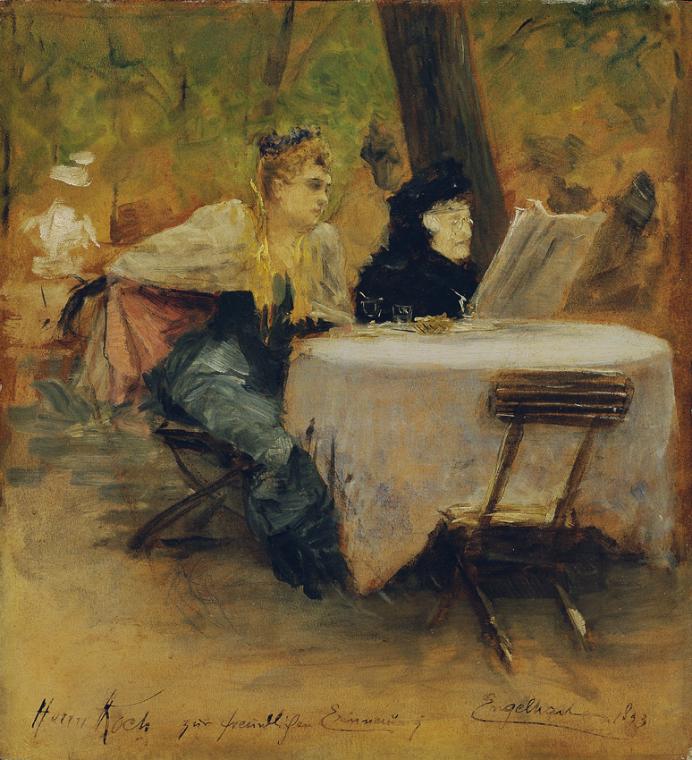 Josef Engelhart, Im Gartenrestaurant, 1893, Öl auf Holz, 28 x 26 cm, Belvedere, Wien, Inv.-Nr. …