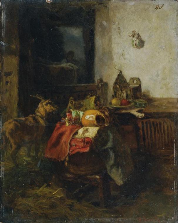 Anton Schrödl, Bauernzimmer mit einem Stillleben, Öl auf Holz, 48 x 38 cm, Belvedere, Wien, Inv…