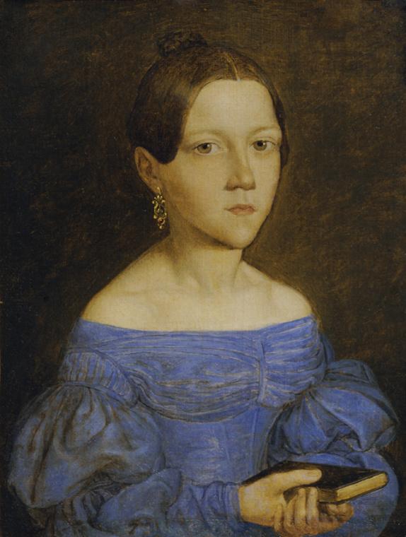 Friedrich Wasmann, Brustbild eines jungen Mädchens in blauem Kleid, Öl auf Leinwand, 17 x 13,5 …