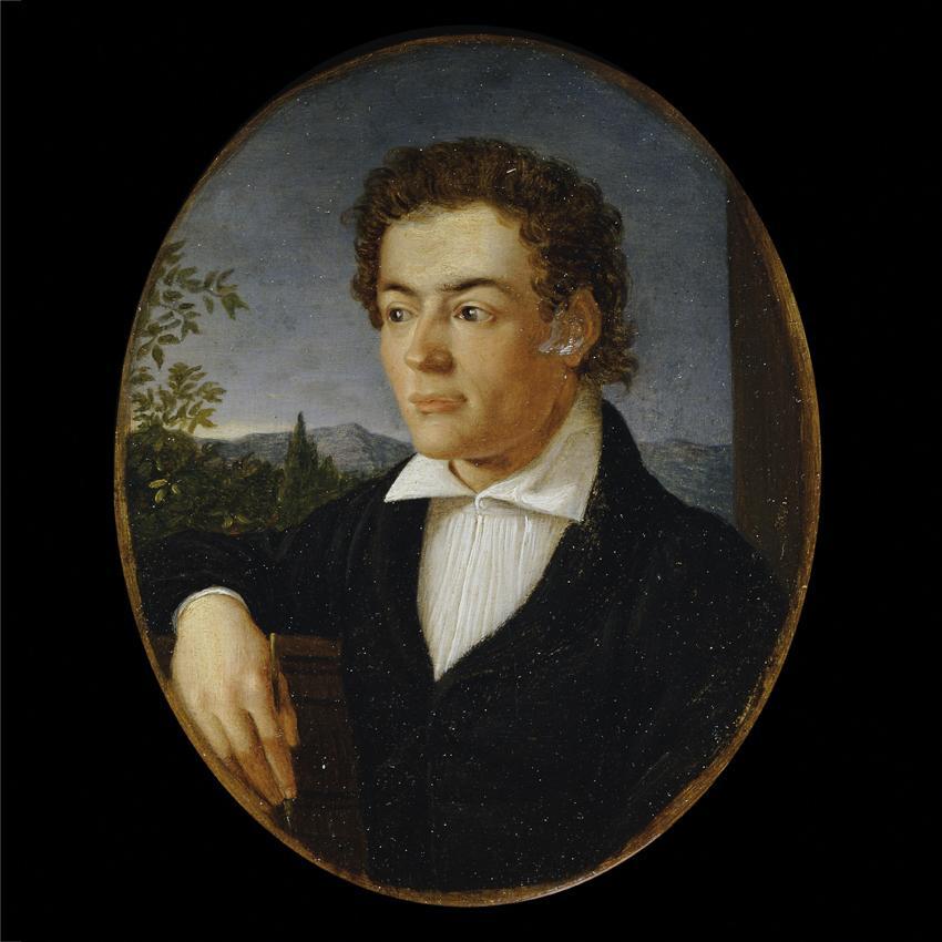 Philipp Otto Runge, Brustbild eines jungen Mannes vor einer Abendlandschaft, Öl auf Holz, hocho…