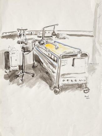 Kurt Absolon, Spitalsbett, 1954, Tusche und Aquarell auf Papier, Blattmaße: 47,7 × 36 cm, Belve…