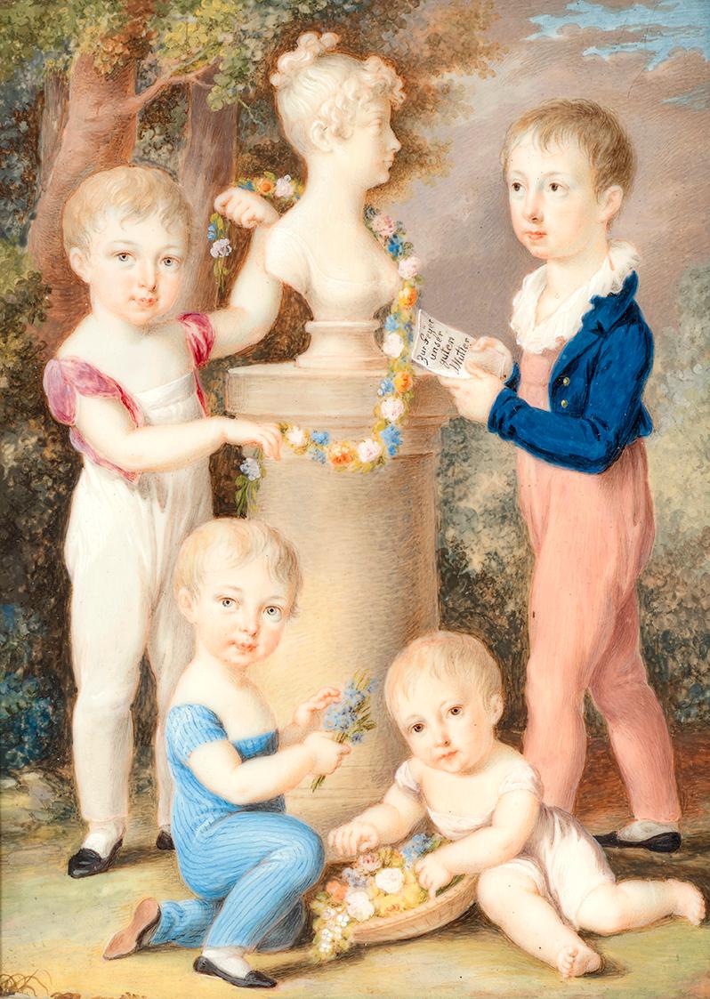 Kinder bekränzen die Büste ihrer Mutter