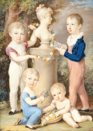 Unbekannter Künstler, Kinder bekränzen die Büste ihrer Mutter, um 1810, Mischtechnik auf Papier…