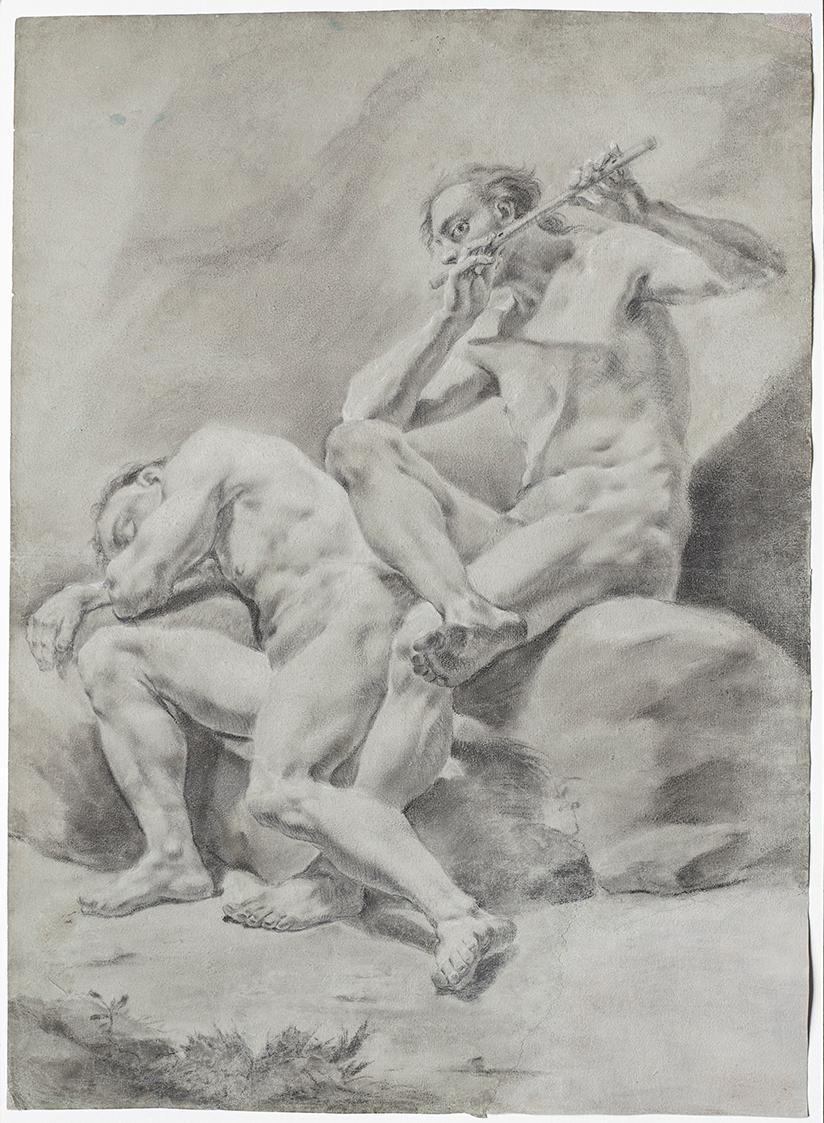 Zwei nackte Männer, schlafend und Flöte spielend, um 1750, Bleistift auf blauem  Papier, 64,4 ×…